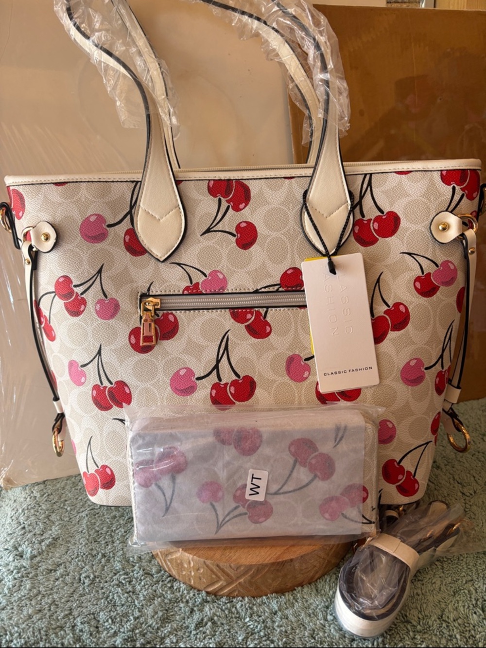 Cherry Print Crossbody Tote Bag in White/Cream by